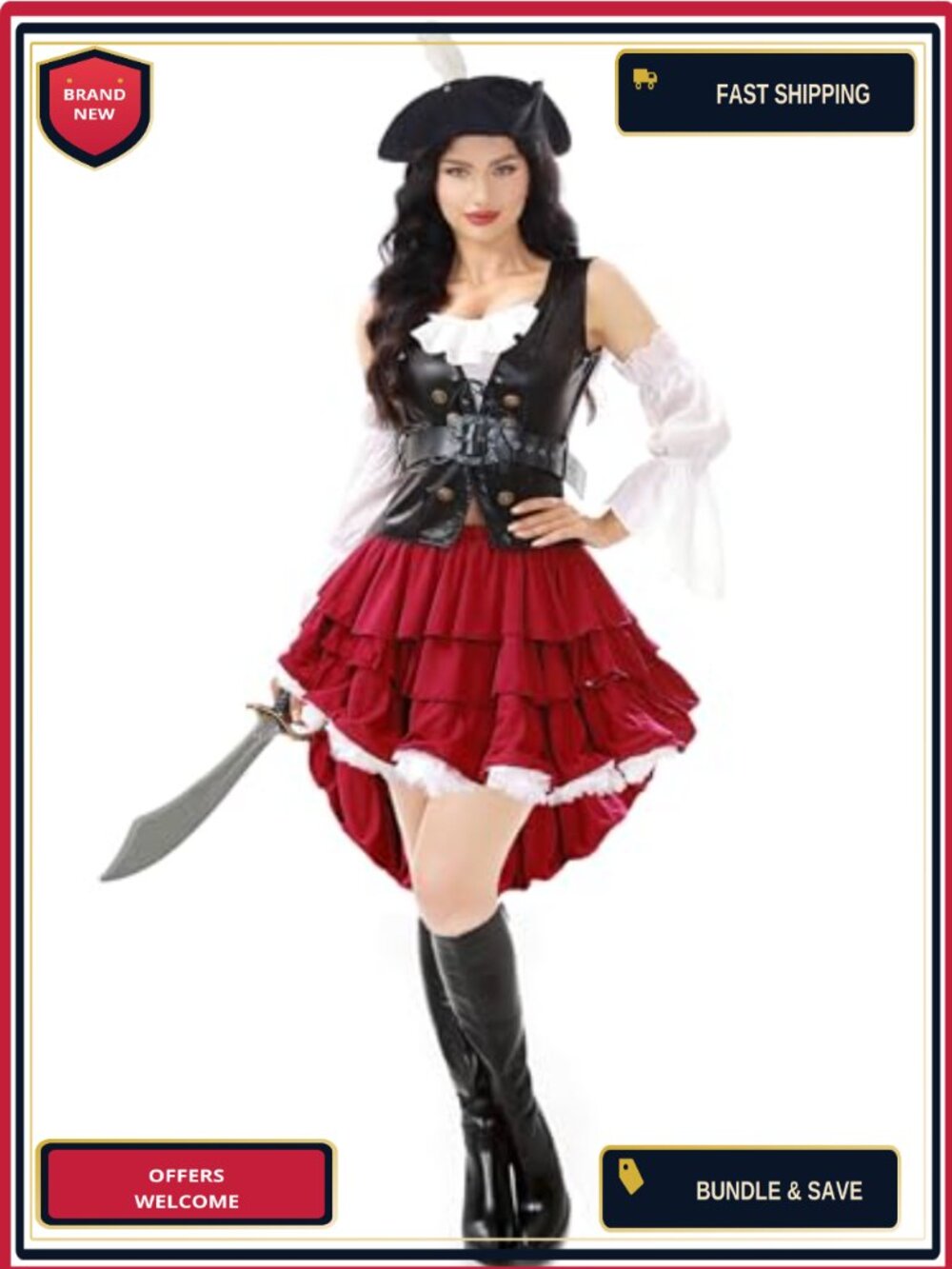 5-Piece Pirate Costume Set with Hat Corset Vest Skirt Belt